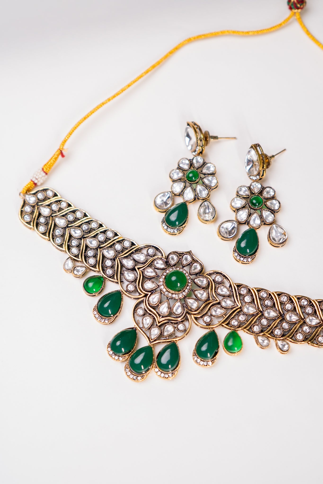 Choker Set Green Stone and Kundan Polki Mehndi Gold Plated  with Earrings