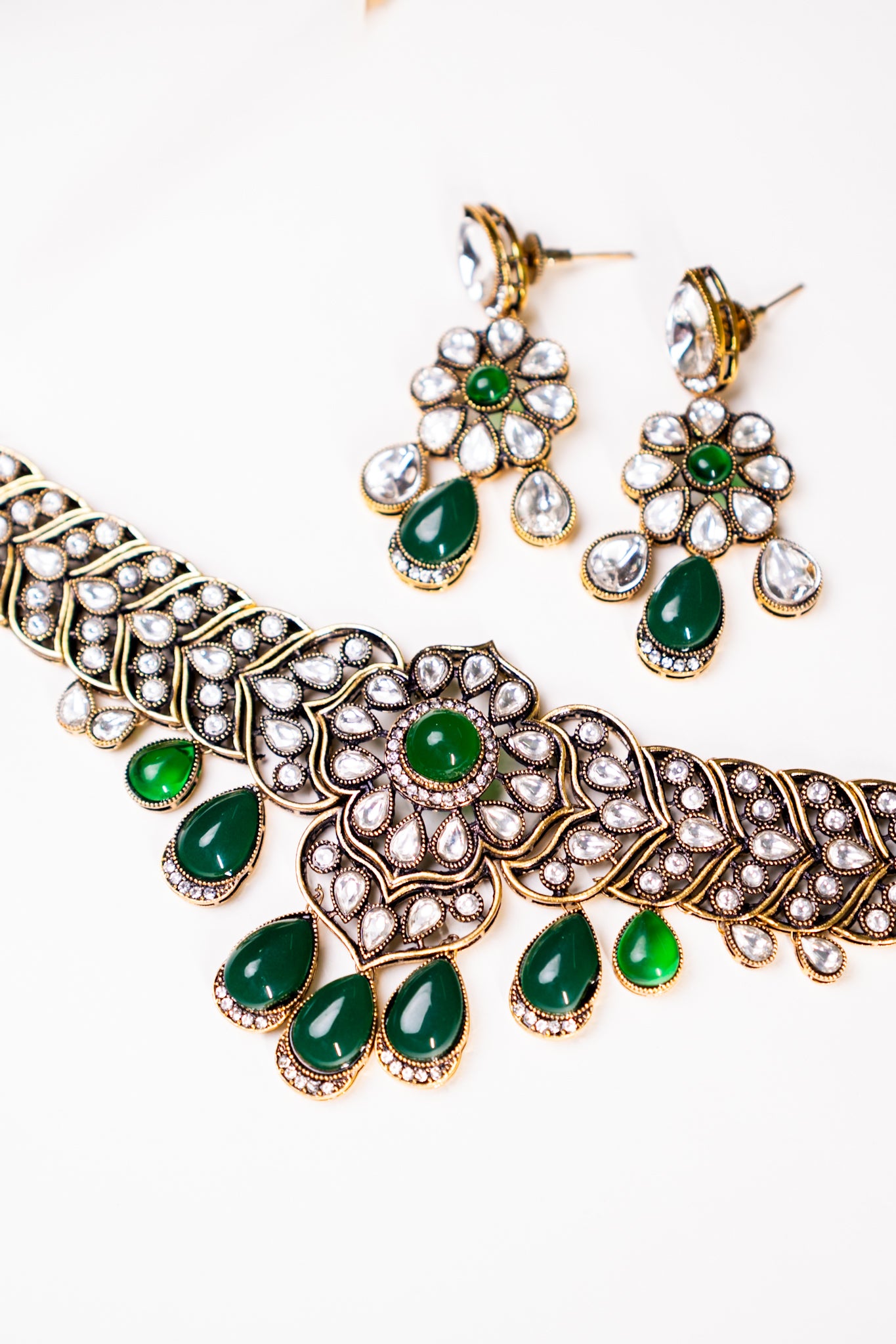 Choker Set Green Stone and Kundan Polki Mehndi Gold Plated  with Earrings