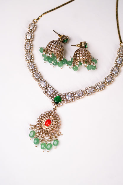 Indian Coral Stone Necklace Set with Jhumka Earrings