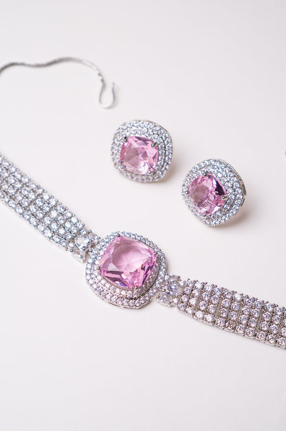 Pink Sapphire and CZ Choker with Stud Earrings