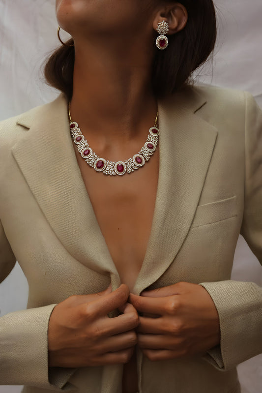 Gold Plated Ruby Stone Riviera Necklace with Earrings