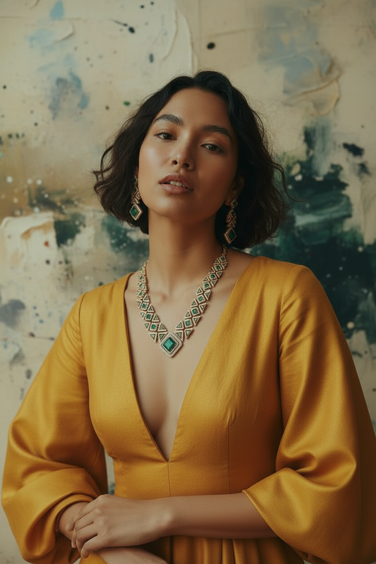 Parisian Golden V Style Necklace with Dangler Earrings