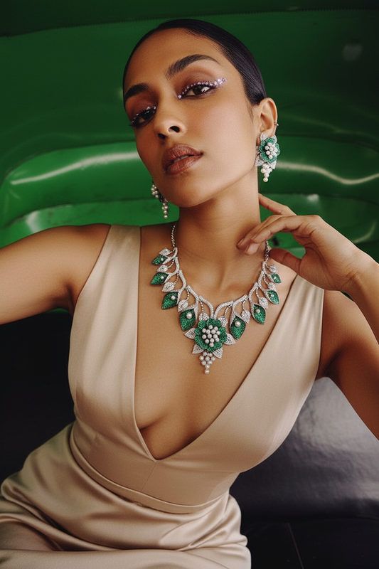 Emerald Green and White Nano Setting American Diamonds Zirconia with Real Pearl Designer 3D Leaves Necklace